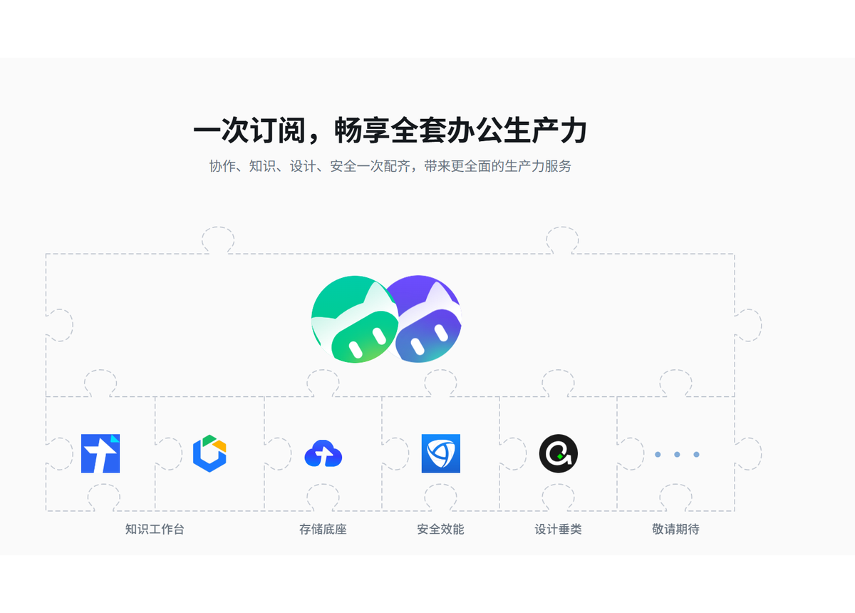 一次订阅，畅享全套办公生产力：协作、知识、存储、安全效能、设计垂类一次配齐